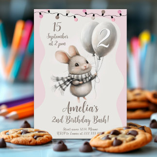 Charming Mouse Balloons 2. Geburtstags-Party Einladung