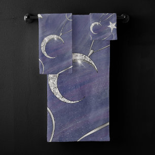 Charming Mystique Silver Moon   Stars Sun Amulet Badhandtuch Set
