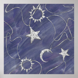 Charming Mystique Silver Moon   Stars Sun Amulet Poster