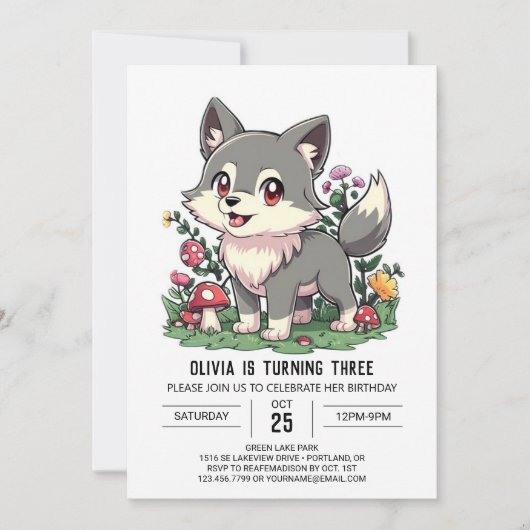 Charming Niedlicher digitaler Wolf Geburtstag Einladung (Vorderseite)