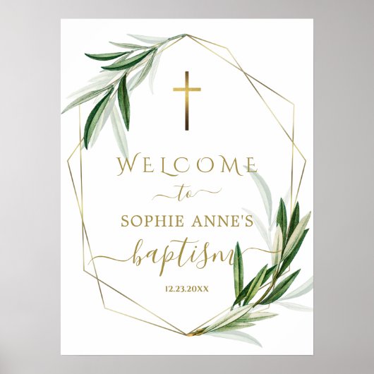 Charming Olive Blätter Gold Taufe Willkommenszeich Poster (Vorne)