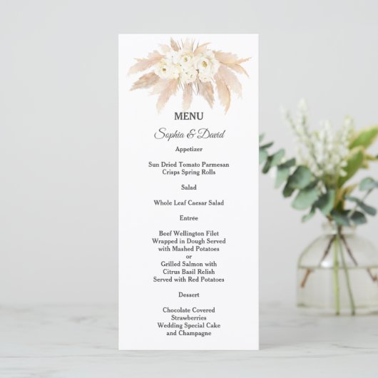 Charming Pampas Grass White Flowers Wedding Menu Menükarte (Stehend Vorderseite)