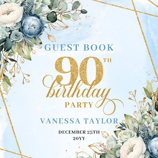 Charming Pastel Blue Gold 90th Birthday Sign In Gästebuch