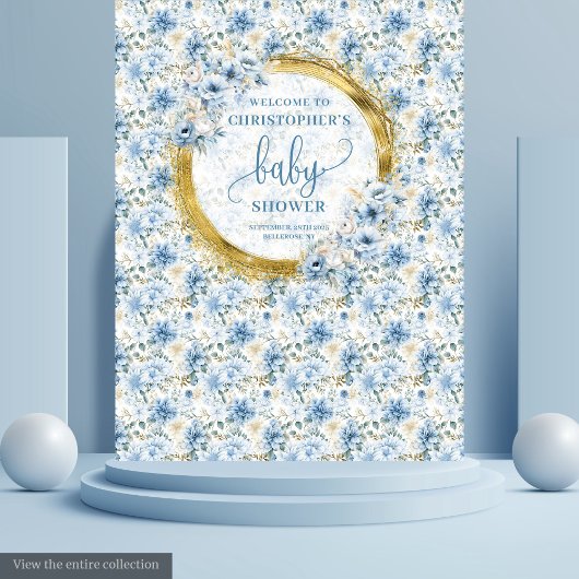Charming Pastel Blue Gold Blume Kinderdusche Wandteppich