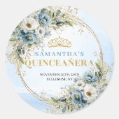 Charming Pastel Blue Gold Eucalyptus Quinceañera  Runder Aufkleber (Vorderseite)