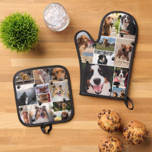 Charming Pawprints Pet Photo Collage Template Ofenhandschuh & Topflappen-Set (Oben Unten)