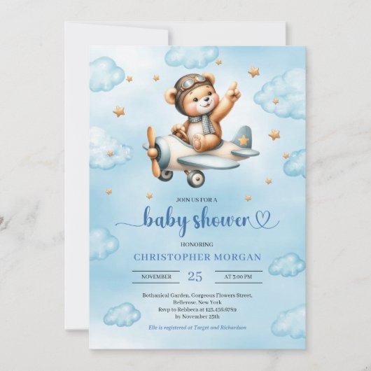 Charming pilot teddy bear blue boy shower invites einladung (Vorderseite)