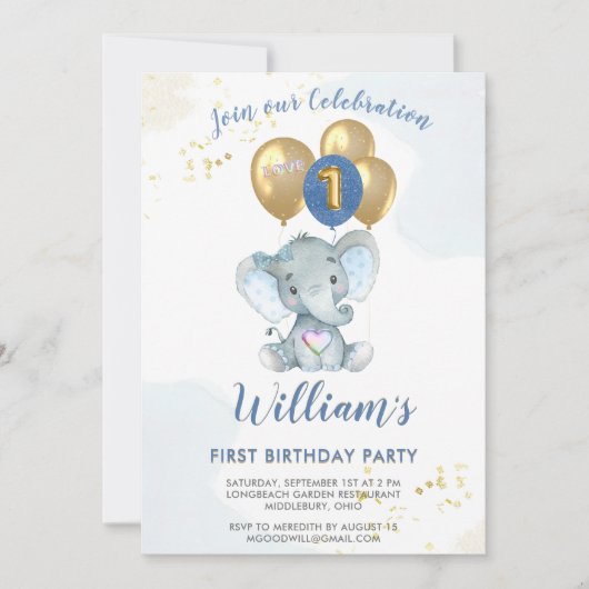 Charming Pink Blue Elephant First Birthday Boy Einladung (Vorderseite)