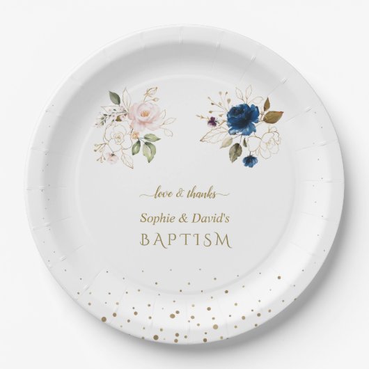 Charming Pink Blue Gold Blume Twins Taufe Squ Pappteller (Vorderseite)