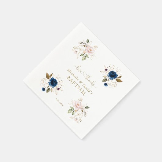 Charming Pink Blue Gold Floral Twins Taufe Serviette (Ecke)