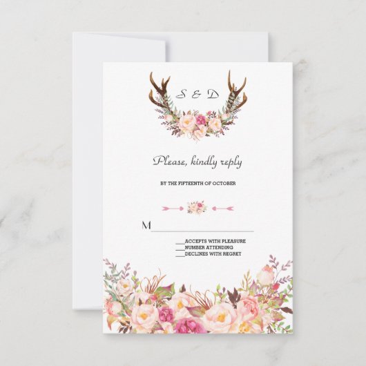 Charming Pink Blush Floral Antlers Wedding RSVP Karte (Vorderseite)