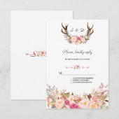 Charming Pink Blush Floral Antlers Wedding RSVP Karte (Vorne/Hinten)