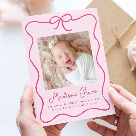 Charming Pink Bow Baby Girl Foto Birth Ankündigung