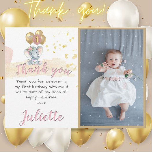 Charming Pink Elephant Foto Erstgeburtenmädchen Dankeskarte