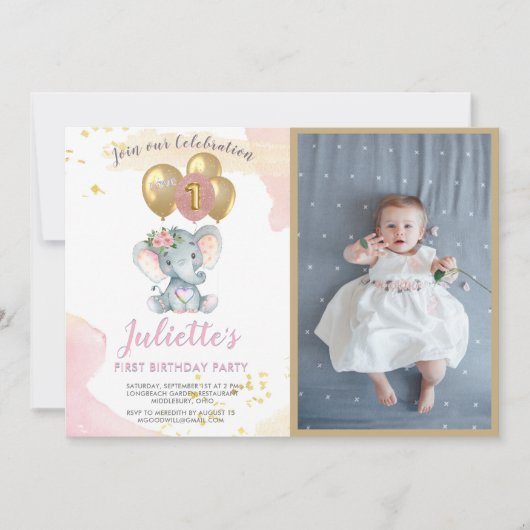 Charming Pink Elephant Foto Erstgeburtenmädchen Einladung (Vorderseite)