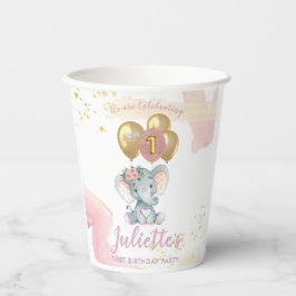Charming Pink Floral Elephant Erstes Geburtstagsmä Pappbecher