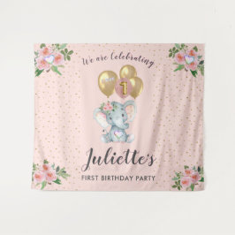 Charming Pink Floral Elephant Erstes Geburtstagsmä Wandteppich