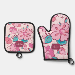 Charming Pink Flower Kitchen Custom Name Ofenhandschuh & Topflappen-Set