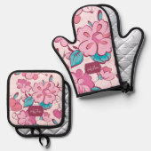 Charming Pink Flower Kitchen Custom Name Ofenhandschuh & Topflappen-Set (Vorderseite/Rückseite)