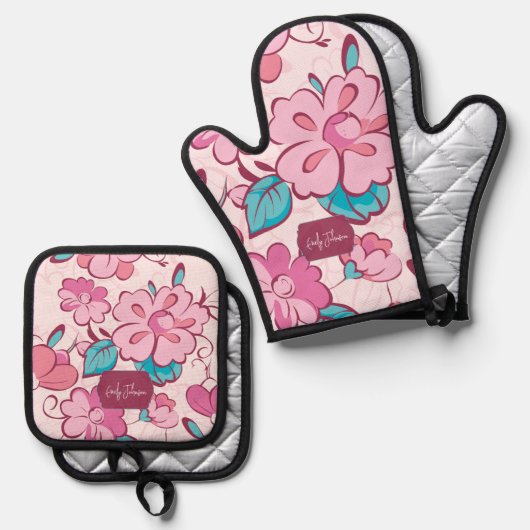 Charming Pink Flower Kitchen Custom Name Ofenhandschuh & Topflappen-Set (Vorderseite/Rückseite)