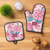 Charming Pink Flower Kitchen Custom Name Ofenhandschuh & Topflappen-Set (Oben Unten)