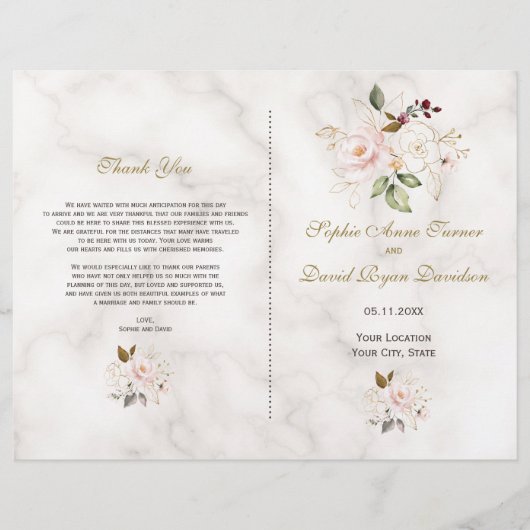 Charming Pink Gold Blume Marmorhochzeit Programm (Vorderseite)