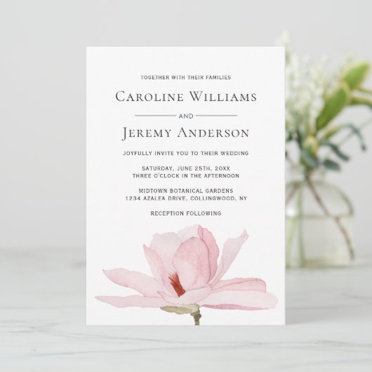 Charming Pink Magnolia Hochzeitseinladung Einladung (Stehend Vorderseite)