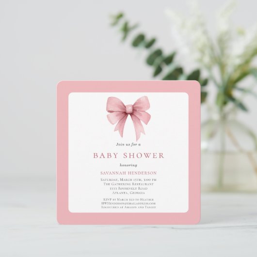 Charming Pink Ribbon Bow Girl Baby Dusche Einladung (Stehend Vorderseite)