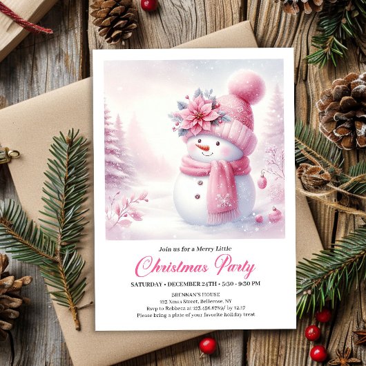 Charming Pink Snowman Kids Editable Christmas  Einladung