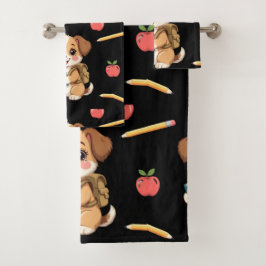 Charming puppy reading, school bag pattern badhandtuch set