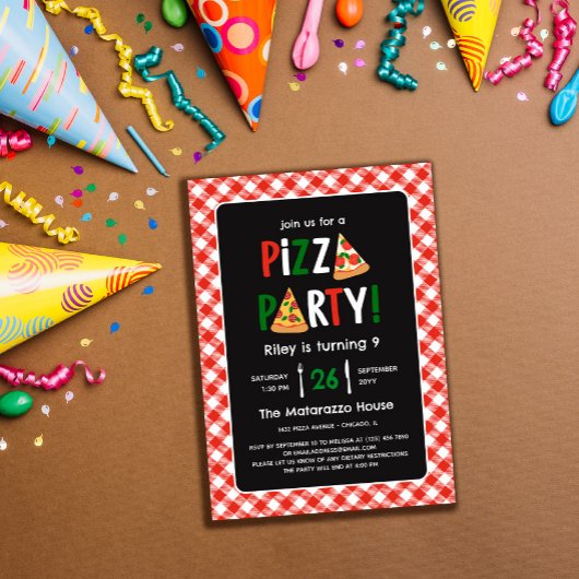 Charming Red Gingham Pizza Party Geburtstag Einladung