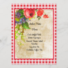 Charming Red Gingham und Blume Menu Card
