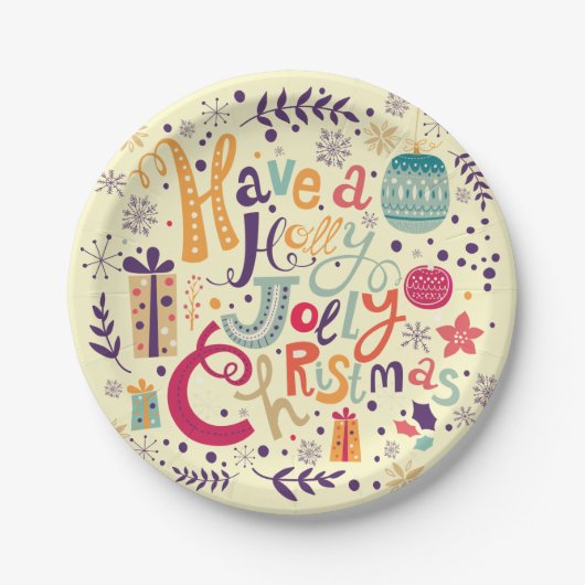 Charming Retro Holly Jolly Weihnachtsentwurf Pappteller (Vorderseite)