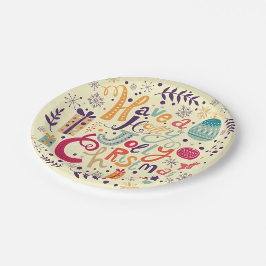 Charming Retro Holly Jolly Weihnachtsentwurf Pappteller (Schrägansicht)