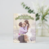Charming Ribbon Save the Date - Grün Ankündigungspostkarte (Stehend Vorderseite)