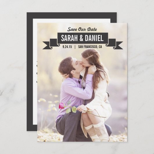 Charming Ribbon Save the Date - Schwarz Ankündigungspostkarte (Vorne/Hinten)