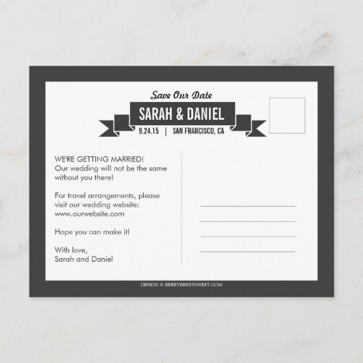 Charming Ribbon Save the Date - Schwarz Ankündigungspostkarte (Rückseite)