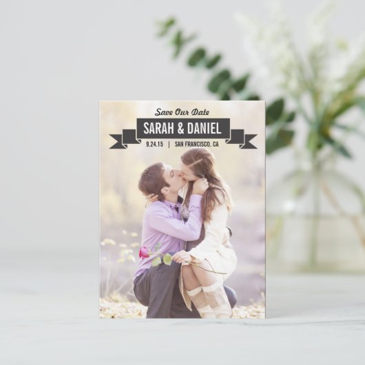 Charming Ribbon Save the Date - Schwarz Ankündigungspostkarte (Stehend Vorderseite)