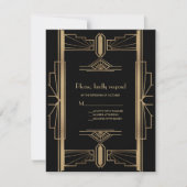 Charming Roaring 20's Gold Black Art Deco Hochzeit RSVP Karte (Vorderseite)