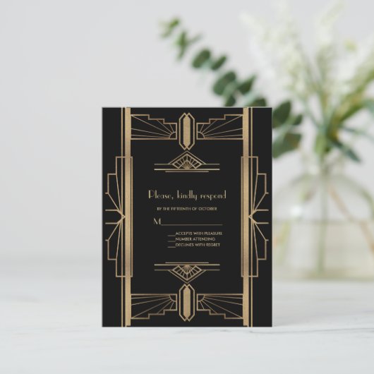 Charming Roaring 20's Gold Black Art Deco Hochzeit RSVP Karte (Stehend Vorderseite)