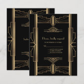 Charming Roaring 20's Gold Black Art Deco Hochzeit RSVP Karte (Vorne/Hinten)