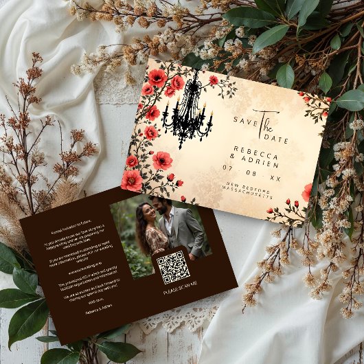 Charming Romantic Chandelier on Classic Red Floral Save The Date