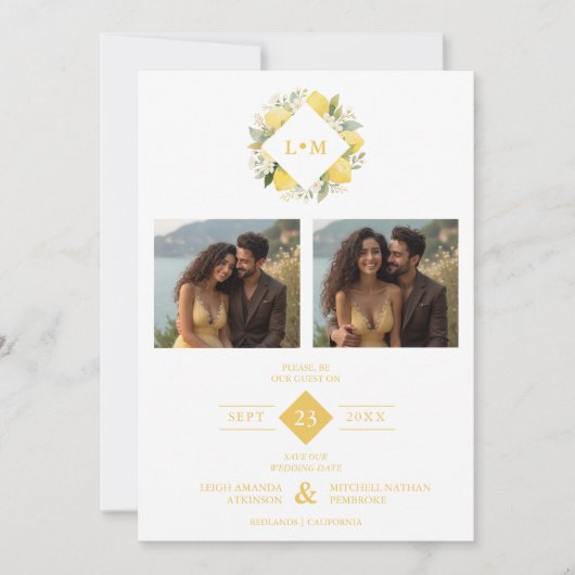 Charming Romantic Cluster Lemons Initials 2-Photos Save The Date (Vorderseite)