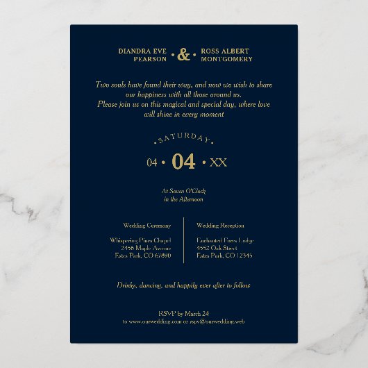 Charming Romantic Whimsy Script Navy Blue Folieneinladung (Rückseite)