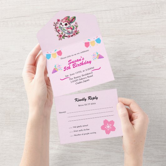 Charming Sakura Bunny All In One Einladung (Abreißen)