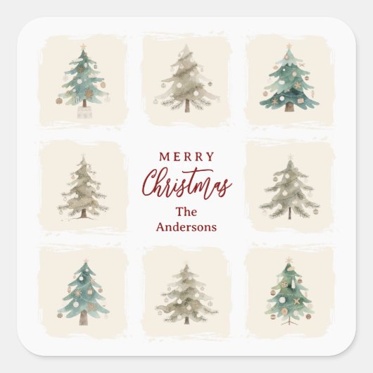 Charming Scandinavian Nordic Style Christmas Trees Quadratischer Aufkleber (Vorderseite)