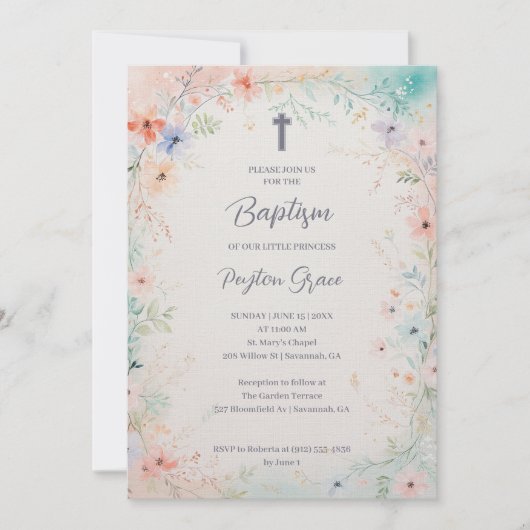 Charming Soft Botanical Floral Frame Baptism Einladung (Vorderseite)