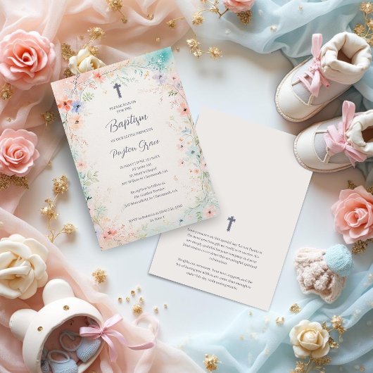 Charming Soft Botanical Floral Frame Baptism Einladung