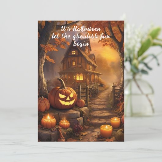 Charming Spooky Halloween-Hütte mit Pumpkins Dankeskarte (Stehend Vorderseite)