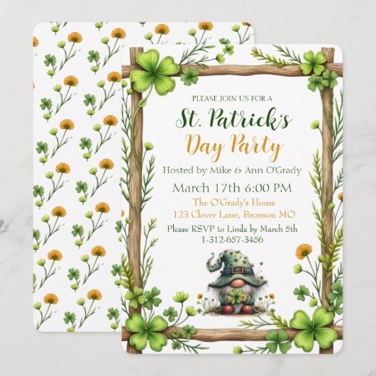Charming Spring Clover & Gnome Invitation  Einladung (Vorne/Hinten)